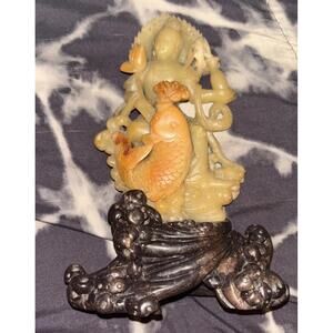 7” Old Dynasty Shoushan Stone Tongzi Fish & Kwan-yin Guan Yin Goddess Statue